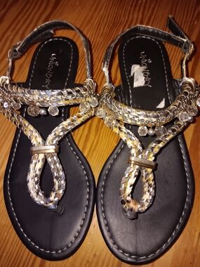 UNIONBAY Gold and Silver Braided T-Strap Sandals with Crystal Accents